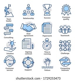 Business management icons. Set in line style for strategy, career progress and business process. Pack 10.