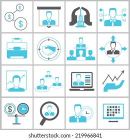 business management icons set, organization management icons, blue and black color theme