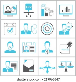 business management icons set, organization management icons, blue and black color theme