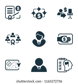 Business management icons set with business strategy, effective teamwork, contract and other agreement elements. Isolated vector illustration business management icons.