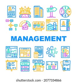Business Management Business Icons Set Vector. Product Business Management And Presentation, Crm Marketing And Swot Analysis, Earning Money And Launch Startup Line. Color Illustrations