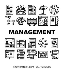 Business Management Business Icons Set Vector. Product Business Management And Presentation, Crm Marketing And Swot Analysis, Earning Money And Launch Startup Black Contour Illustrations