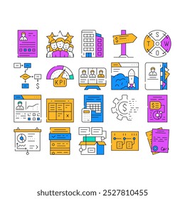 Business Management Ícones de Negócios Definir Vetor. Apresentação E Gerenciamento De Negócios Do Produto, Marketing De Crm E Análise Swot, Ganhar Dinheiro E Iniciar Ilustrações De Contorno De Cores De Inicialização