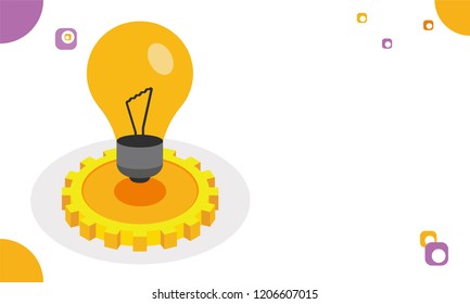 Gestión de negocio o concepto de idea, bombilla isométrica con rueda cognoscitiva sobre fondo abstracto para el diseño de emprendimientos.