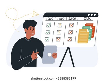 Business management illustration. Organizing efficient business, planning schedule, setting priorities, reminders, doing tasks.Time management and schedule organization concept. Vector illustration.