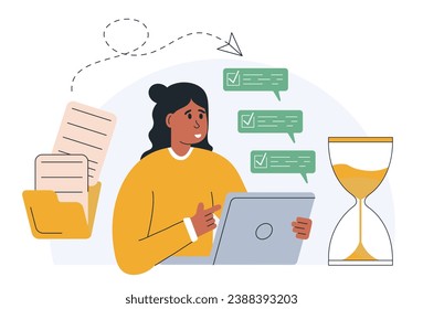 Business management illustration. Organizing efficient business, planning schedule, setting priorities, reminders, doing tasks.Time management and schedule organization concept. Vector illustration.