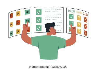 Business management illustration. Organizing efficient business, planning schedule, setting priorities, reminders, doing tasks.Time management and schedule organization concept. Vector illustration.