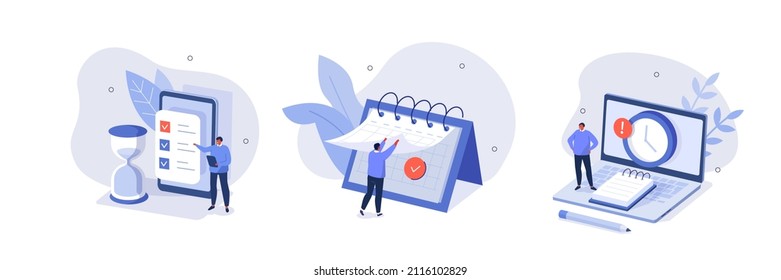
Business management illustration set. Characters planning project tasks, managing schedule and work time. Time management and schedule organization concept. Vector illustration.
 - Shutterstock ID 2116102829