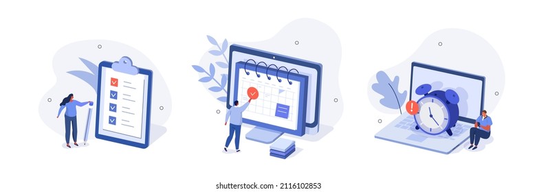 Business management illustration set. Characters planning schedule, managing work time, filling check list. Time management and schedule organization concept. Vector illustration.