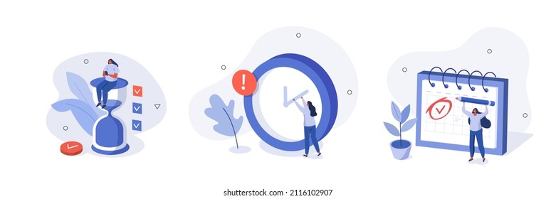 Business management illustration set. Characters planning schedule, managing to do tasks and time. Time management and schedule organization concept. Vector illustration.
