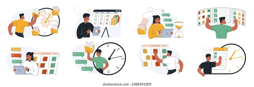 Business management illustration set.Organizing efficient business, planning schedule, setting priorities, reminders, doing tasks.Time management and schedule organization concept. Vector illustration