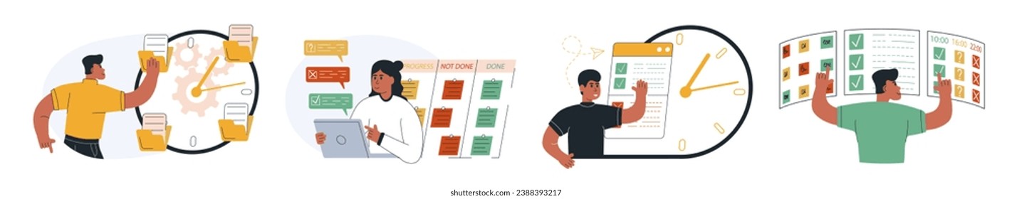 Business management illustration set.Organizing efficient business, planning schedule, setting priorities, reminders, doing tasks.Time management and schedule organization concept. Vector illustration