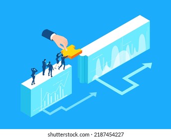 Business management infographic. Isometric working space, business people working together with puzzles, making profit, solving problems, help and support concept. Isometric business environment. 
