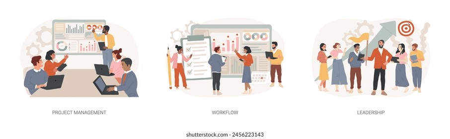 Business management isolated concept vector illustration set. Project management, workflow and leadership, waterfall and agile, development team, productivity software, coaching vector concept.