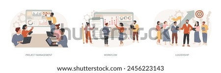 Business management isolated concept vector illustration set. Project management, workflow and leadership, waterfall and agile, development team, productivity software, coaching vector concept.