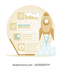 Business management laptop and rocket concept. A rocket launch symbolizing business start up success, featuring charts and analysis.