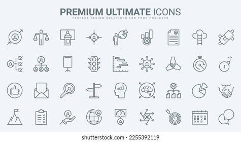 Business management, leadership thin line icons set vector illustration. Outline work solutions of professional leader, progress and growth of managers career, empowerment and balance of goals