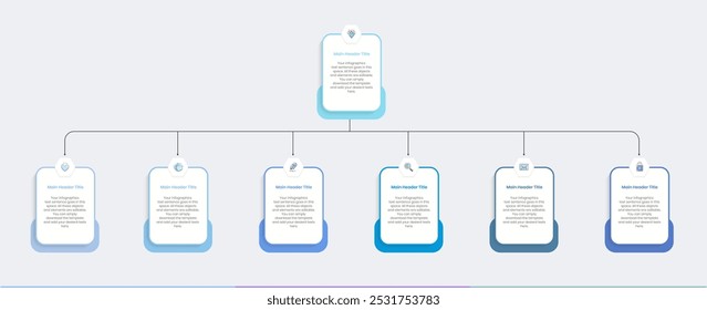 Business management level distribution structure Infographics Design Template, Workflow diagram, flowchart, Concept tree chart for business hierarchy, Second level Organizational chart divide into siX