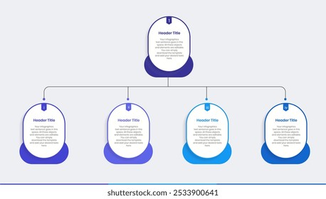 Verteilungsstruktur auf Geschäftsmanagementebene Infografik-Entwurfsvorlage, Workflowdiagramm, Flussdiagramm, Konzeptstrukturdiagramm für Geschäftshierarchie, Zweite Ebene Organigramm auf vier unterteilen