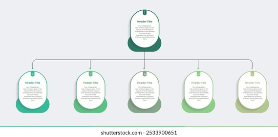 Estrutura de distribuição de nível de gerenciamento de negócios Modelo de design de infográficos, Diagrama de fluxo de trabalho, fluxograma, Gráfico de árvore de conceito para hierarquia de negócios, Dividir organograma de segundo nível para cinco