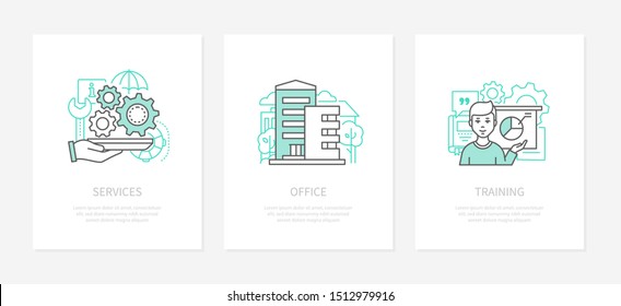 Business management - line design style icons set. Services, office location linear banners with text space. Corporate training, web analytics and digital marketing infographic elements