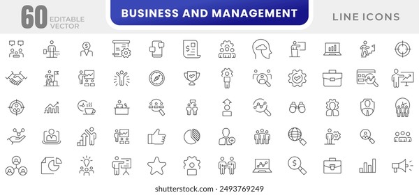 Business management line icon set. Efficiency, business meeting, employee, flow chart, online meeting, success, analytics, target, vision, mission,  values outline icon collection. UI thin icon set.