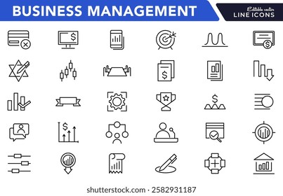 Business management line icon set. Efficiency, business meeting, employee, flow chart, success, analytics, target, vision, mission, values, outline icon collection. UI thin outline icon set