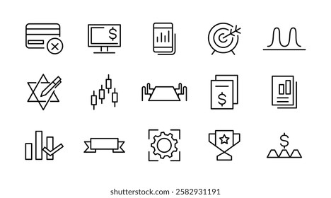 Business management line icon set. Efficiency, business meeting, employee, flow chart, success, analytics, target, vision, mission, values, outline icon collection. UI thin outline icon set