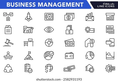 Business management line icon set. Efficiency, business meeting, employee, flow chart, success, analytics, target, vision, mission, values, outline icon collection. UI thin outline icon set