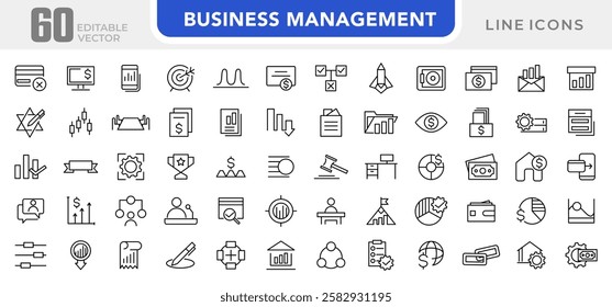 Business management line icon set. Efficiency, business meeting, employee, flow chart, success, analytics, target, vision, mission, values, outline icon collection. UI thin outline icon set