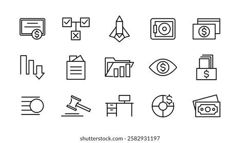 Business management line icon set. Efficiency, business meeting, employee, flow chart, success, analytics, target, vision, mission, values, outline icon collection. UI thin outline icon set
