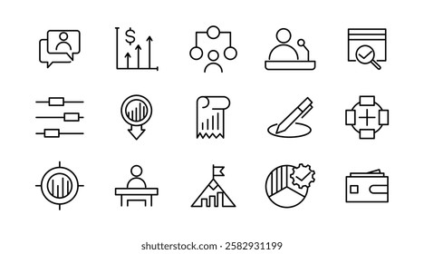 Business management line icon set. Efficiency, business meeting, employee, flow chart, success, analytics, target, vision, mission, values, outline icon collection. UI thin outline icon set