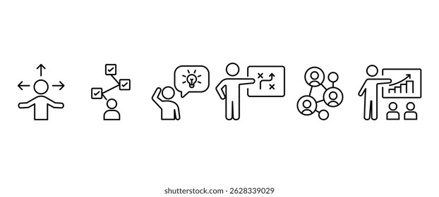 Business management line icon set. Efficiency, flow chart, strategy, success, analytics, target, vision, mission, values outline icon collection. UI thin vector icon set in transparent background.