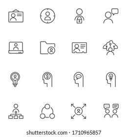 Business Management line icons set, outline vector symbol collection, linear style pictogram pack. Signs, logo illustration. Set includes icons as identity card, collaboration work, brainstorming