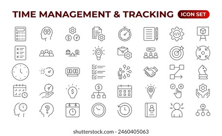 Business and management line icons set. Management icon collection. Project management icon collection. Time management and planning concept. Outline icon set.