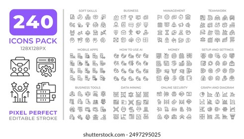 IT business management line icons set collection. AI, finance. Corporate soft skills, online security mega pack of linear pictograms, pixel perfect. Isolated vector illustrations. Editable stroke