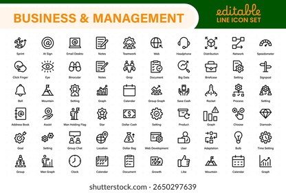 Business and management line icons set. Management icon collection. Project management icon collection. Time management and planning concept. Outline icon set.