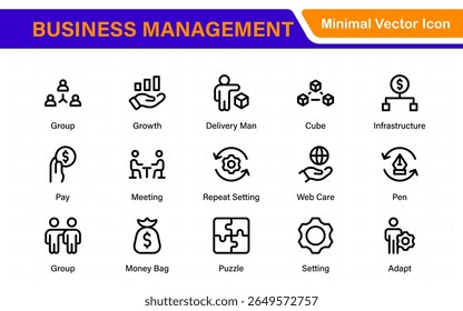 Ícones de linha de gerenciamento de negócios. Para design de marketing do site, logotipo, aplicativo, modelo, iu, etc. Contornar a coleção de ícones.