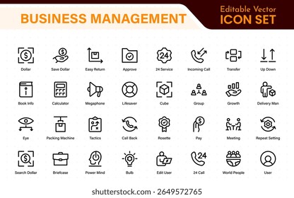 Ícones de linha de gerenciamento de negócios. Para design de marketing do site, logotipo, aplicativo, modelo, iu, etc. Contornar a coleção de ícones.