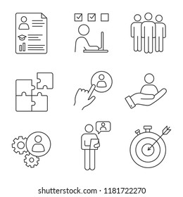 Business management linear icons set. Resume, task solving, team, solution, staff hiring button, smart goal, online interview, teamwork, person in hand. Isolated vector illustrations. Editable stroke