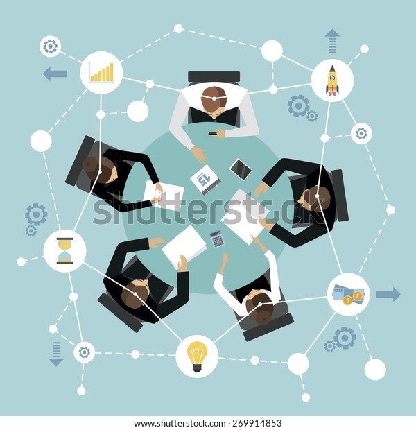 Business\
management meeting and brainstorming concept with people on the\
round table in top view vector\
illustration