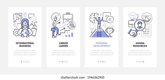 Business And Management - Modern Line Design Style Web Banners With Copy Space For Text. International Communications, Career Ladder, Personal Development And Progress, Human Resources Carousel Posts