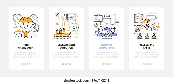 Business and management - modern line design style web banners with copy space for text. Risks, development direction, company structure, delegating tasks carousel posts. Teamwork and goals idea