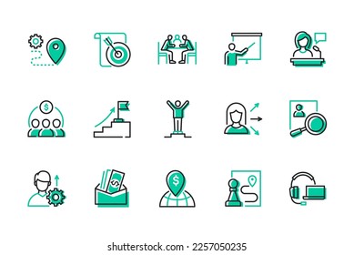 Business and management - modern line design style icons set. Career ladder, personal development, goal achievement ideas. Meeting, seminar, conference, team, motivation, promotion, recruitment