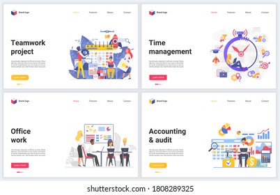 Geschäftsführung, Büroteamwork, Vektorgrafiken. Cartoon flach modernes Design-Set, Concept Banner mit Geschäftsmann Mitarbeiter Team arbeitet an Buchhaltung, Finanzanalyse und Audit