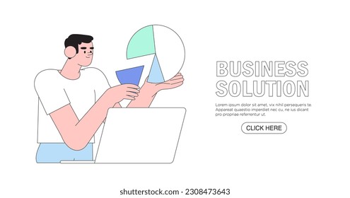 Business management, online communication, e-commerce, project management, finance and marketing. Work organisation management banner, web landing page. Business solution. Man assamble data puzzle.