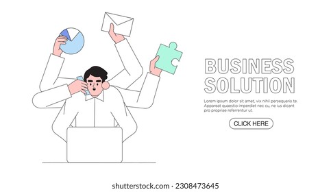 Business management, online communication, e-commerce, project management, finance and marketing. Work organisation management banner, web landing page. Business solution. Man assamble data puzzle.