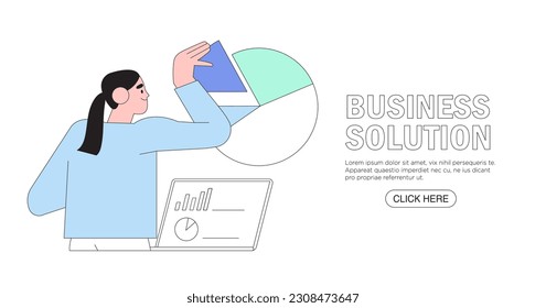 Business management, online communication, e-commerce, project management, finance and marketing. Work organisation management banner, web landing page. Business solution. Man assamble data puzzle.