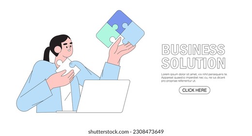 Business management, online communication, e-commerce, project management, finance and marketing. Work organisation management banner, web landing page. Business solution. Man assamble data puzzle.