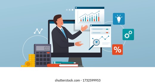 Business management online courses and consulting: executive connecting online and analyzing financial charts